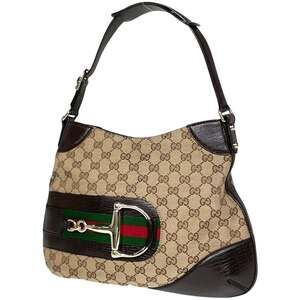 GUCCI Authentic Brown Canvas Horsebit Shoulder Bag